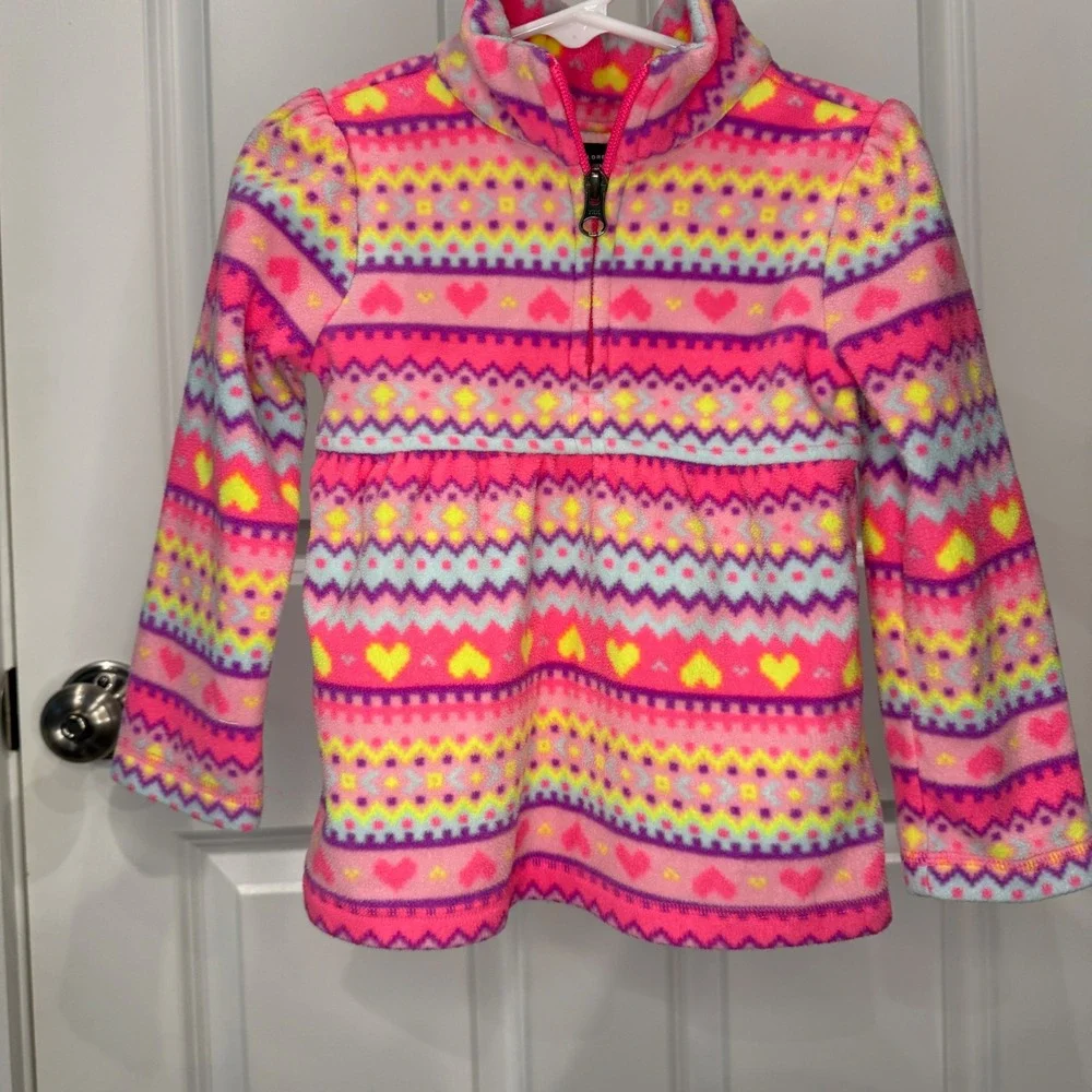 The Childrens Place Girls Pink Heart Fleece‎ Quarter Zip Pullover Size 3T